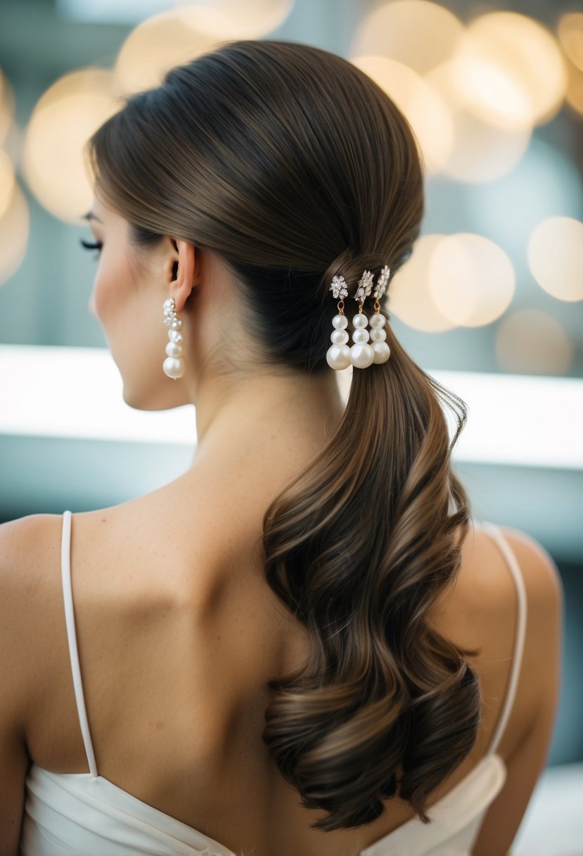 A woman's elegant ponytail adorned with pearl drop earrings