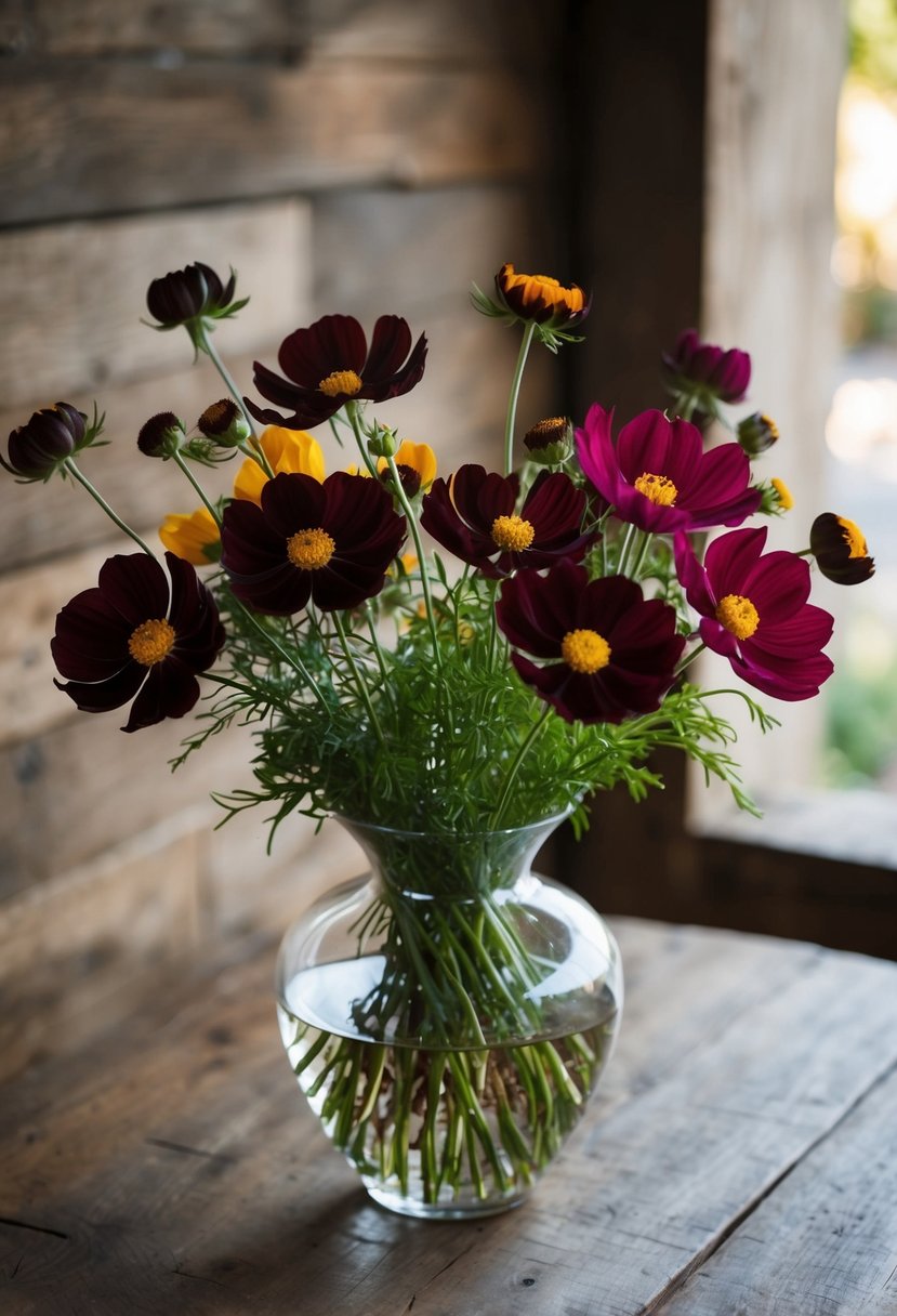 A bouquet of Chocolate Cosmos and Burgundy Astrantia in a glass vase on a rustic wooden table