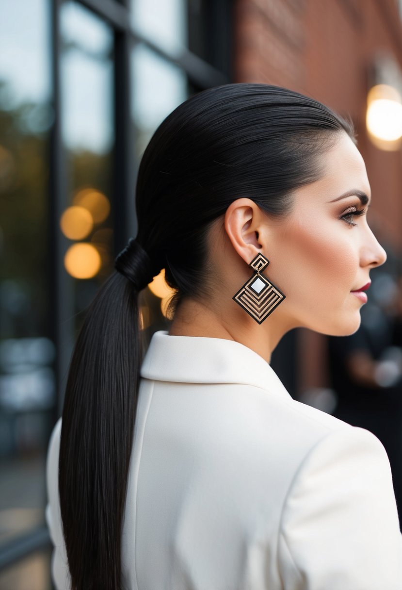 A sleek, modern ponytail adorned with chic geometric design earrings