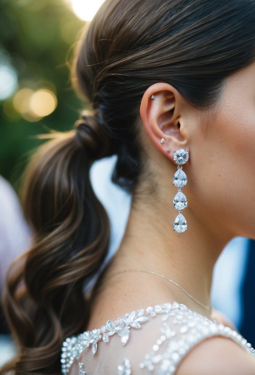 A pair of sophisticated gemstone studs dangle from a ponytail, catching the light at a wedding