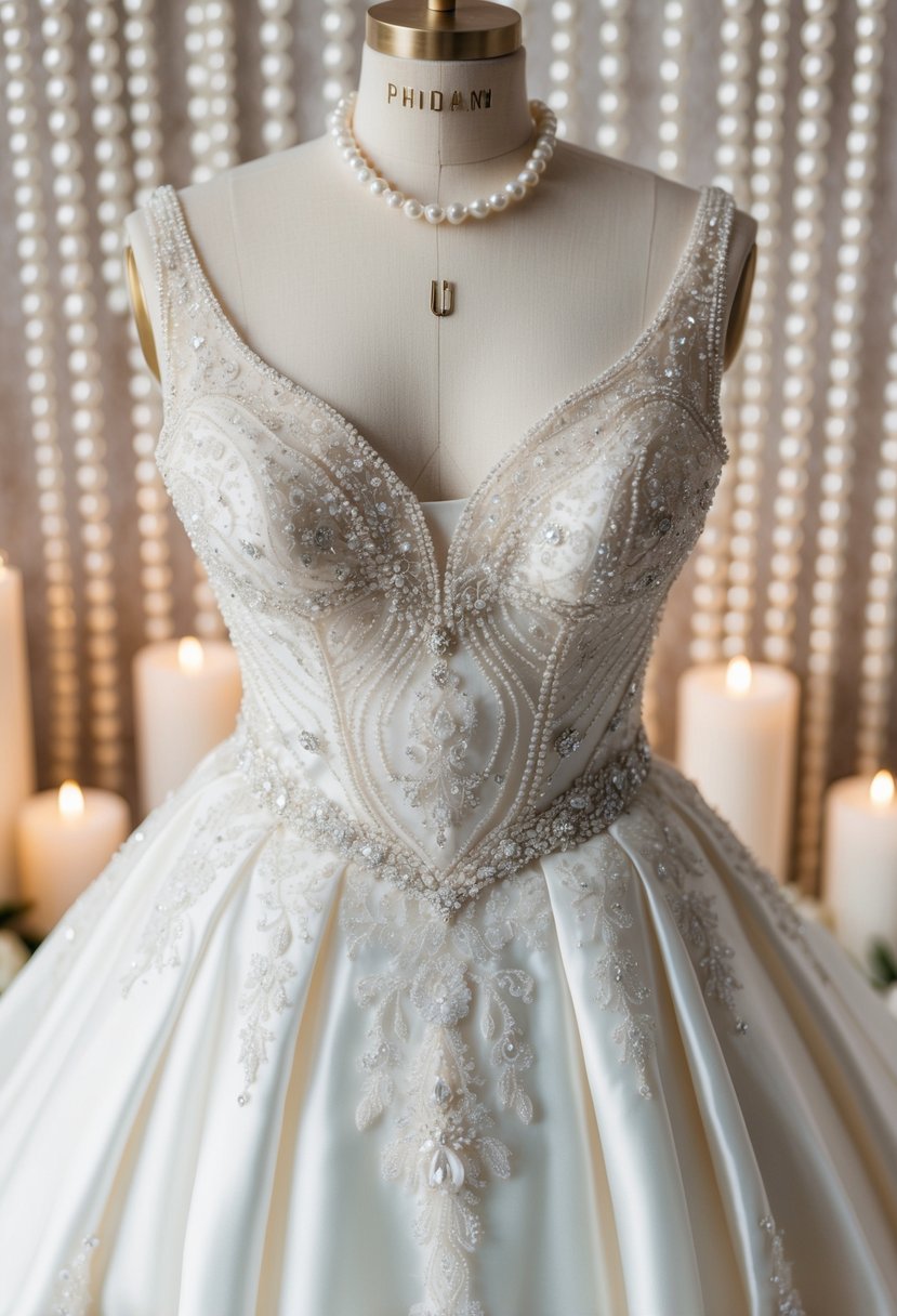 A radiant pearl wedding dress with intricate beading and delicate lace details, set against a backdrop of shimmering pearls and soft candlelight