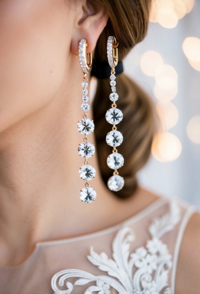 A close-up of classic crystal dangle earrings hanging from a ponytail, with a soft and elegant wedding backdrop