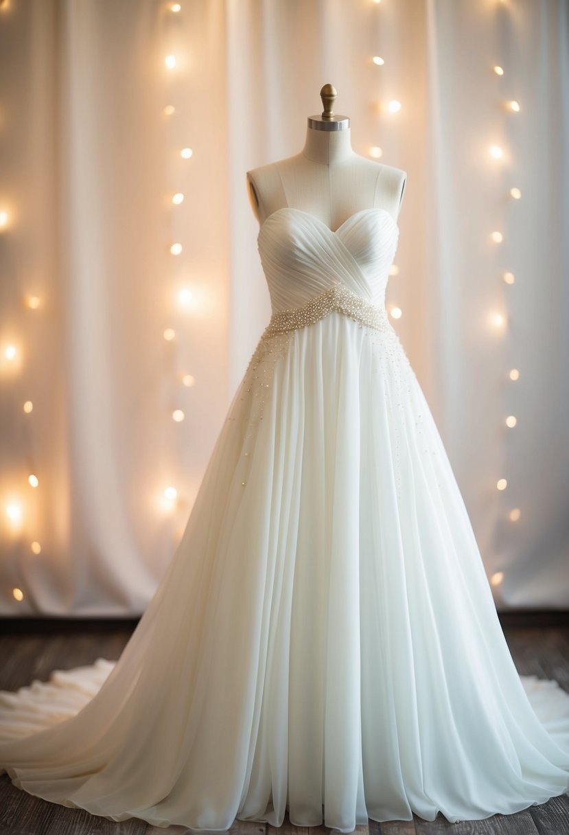 A flowing white wedding dress adorned with delicate pearl embellishments, set against a backdrop of soft, romantic lighting