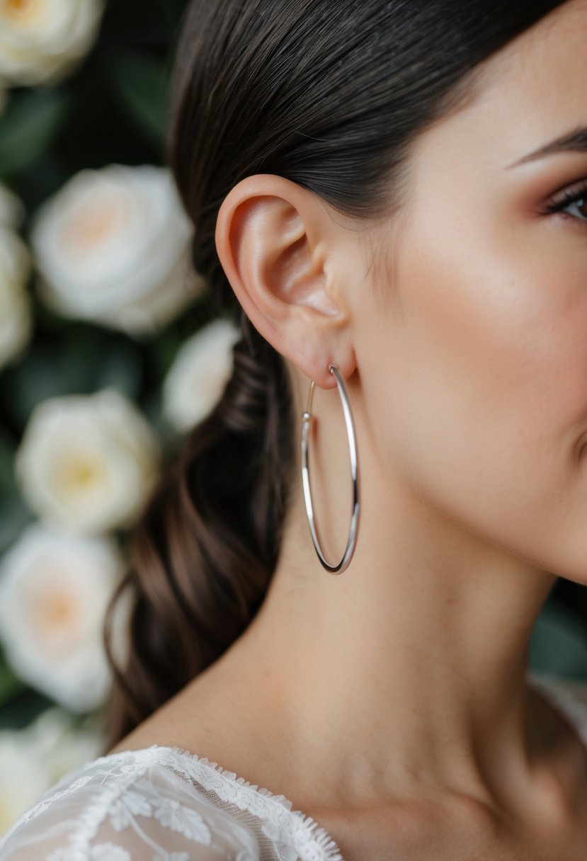 A sleek, minimalist pair of hoop earrings dangle from a simple ponytail, adding a touch of modern elegance to a wedding ensemble