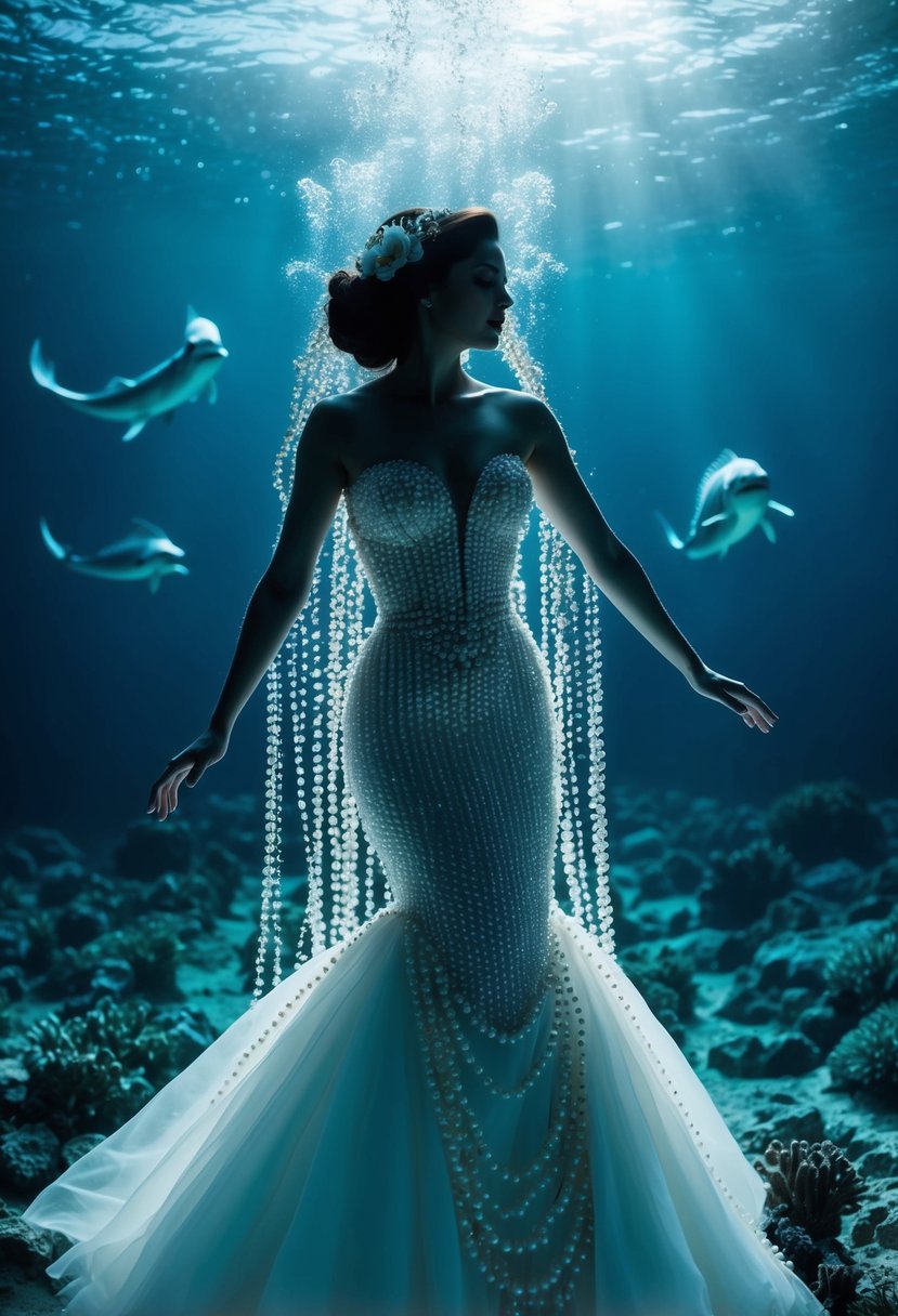 A modern mermaid silhouette in a pearl-embellished wedding dress emerges from the depths of the ocean, surrounded by shimmering sea creatures