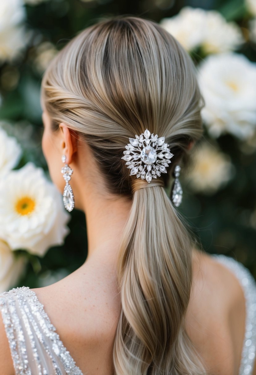 A sparkling ponytail adorned with vintage-style clip earrings, perfect for a glamorous wedding look