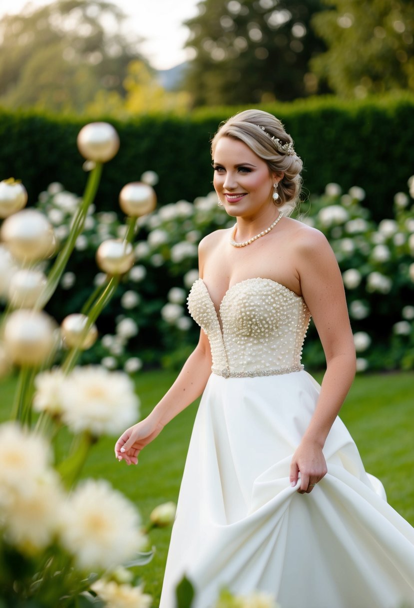 A bride twirls in a garden, wearing a pearl-dotted bodice wedding dress, surrounded by blooming pearl flowers