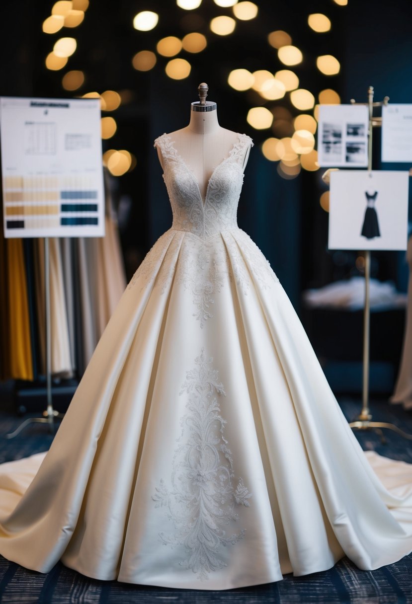 A grand wedding dress displayed on a mannequin, surrounded by fabric swatches and design sketches