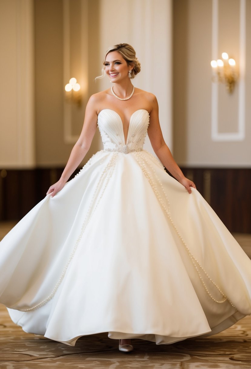 A bride stands in a grand ballroom, wearing a chic A-line gown adorned with delicate pearl accents, the soft shimmer of the pearls catching the light as she twirls