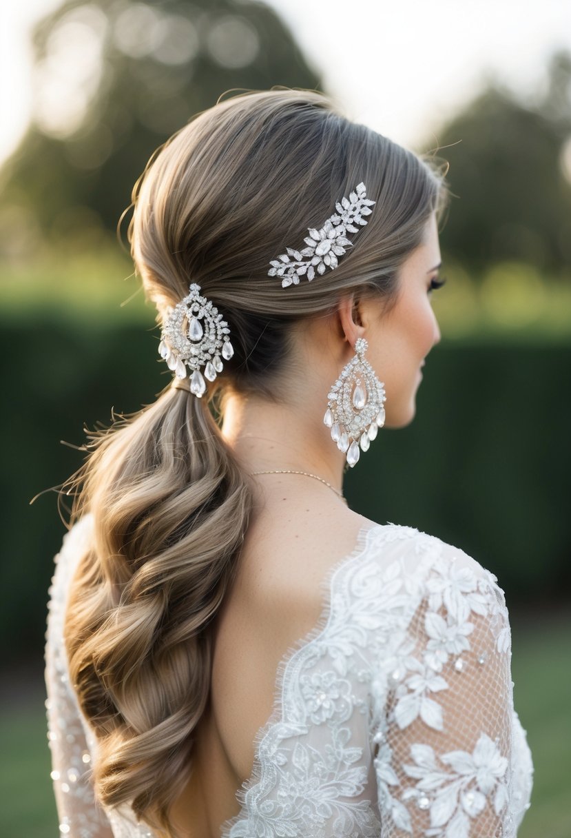 A ponytail adorned with sparkling chandelier earrings, perfect for a romantic wedding look