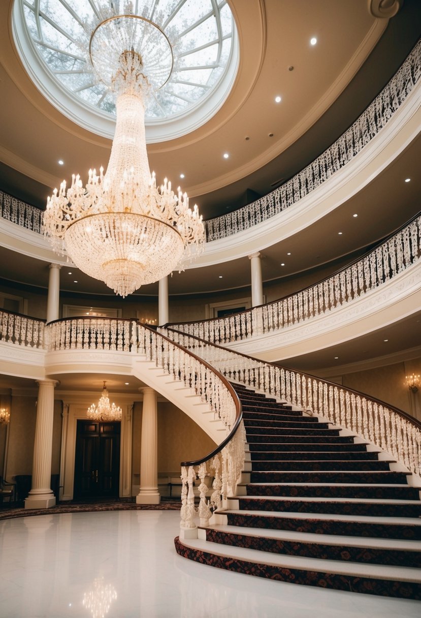 A grand ballroom with a sparkling chandelier and a sweeping staircase, adorned with luxurious fabrics and intricate lace details