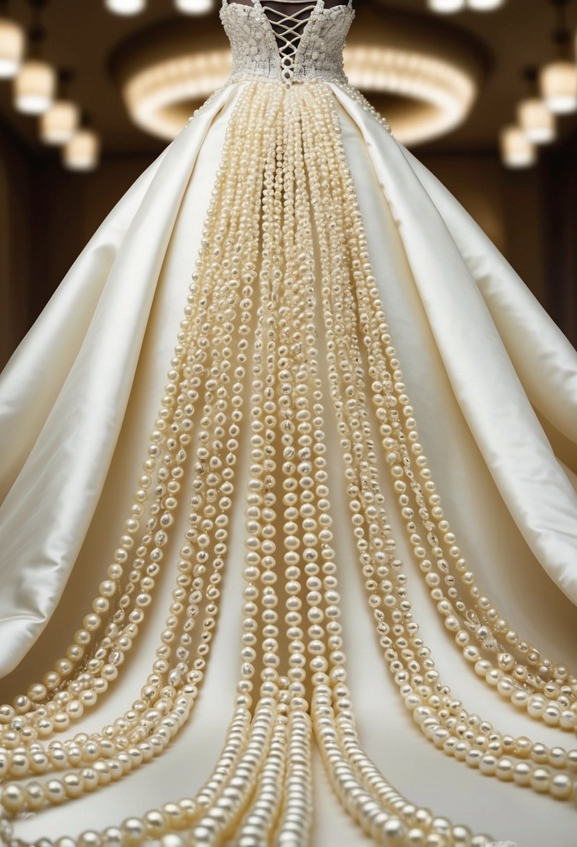 A luxurious train adorned with cascading pearls drapes from a stunning wedding dress, creating a glamorous and opulent bridal ensemble