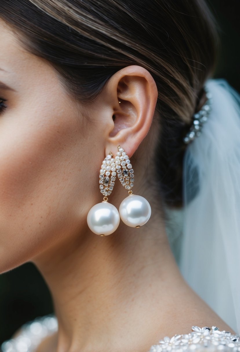 A close-up of elegant ponytail wedding earrings with a mix of bold pearls and sparkling rhinestones, catching the light