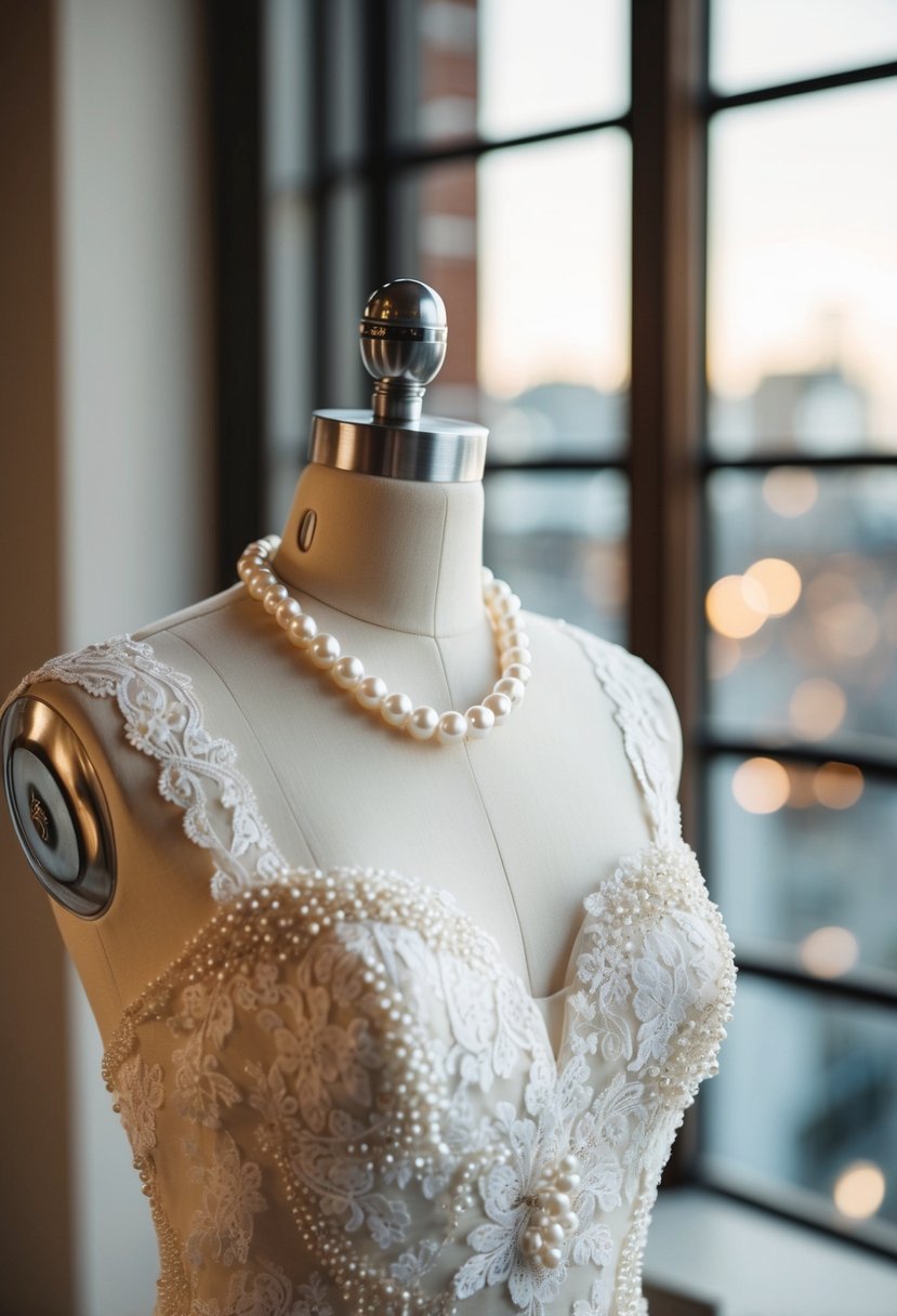 An elegant pearl and lace wedding dress displayed on a mannequin