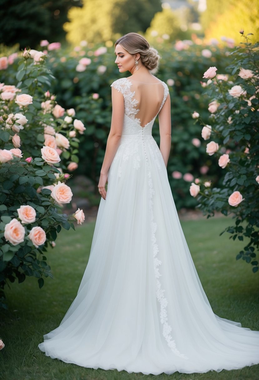 A flowing A-line wedding dress with delicate lace and a long train, surrounded by blooming roses in a lush garden