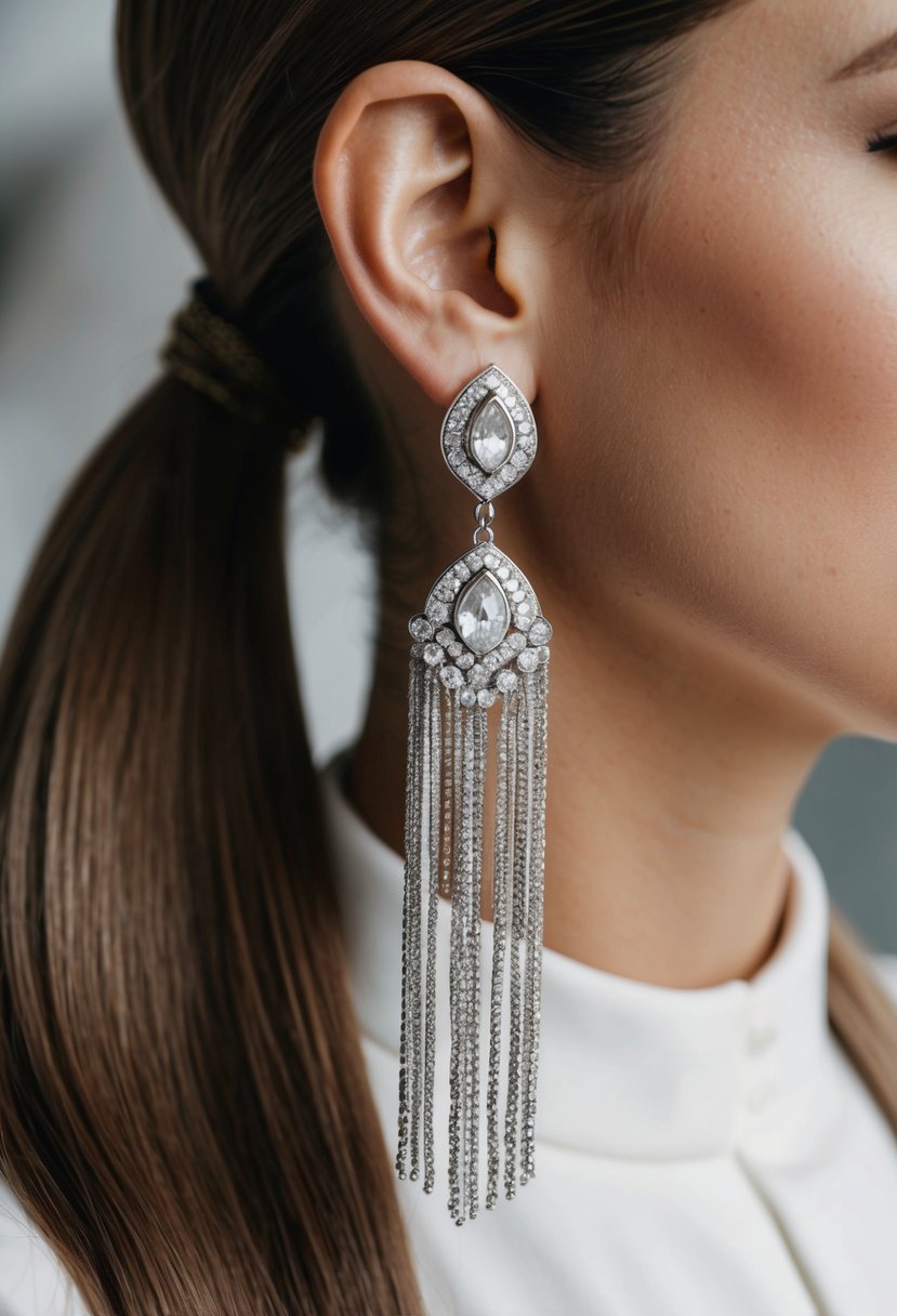 A close-up of elegant tassel earrings dangling from a sleek ponytail, with cascading strands and intricate details