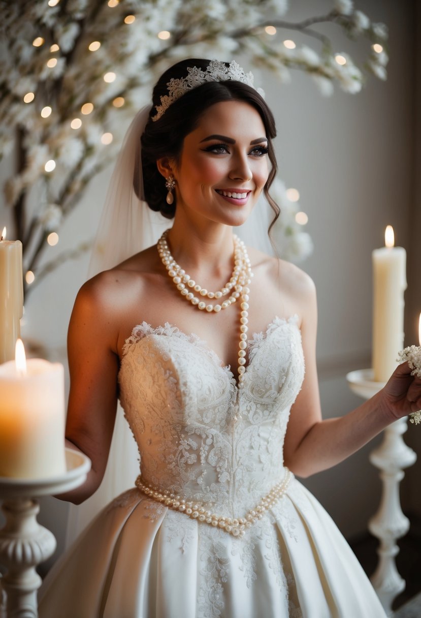 A bride in a vintage-inspired pearl wedding gown, surrounded by soft candlelight and delicate lace details