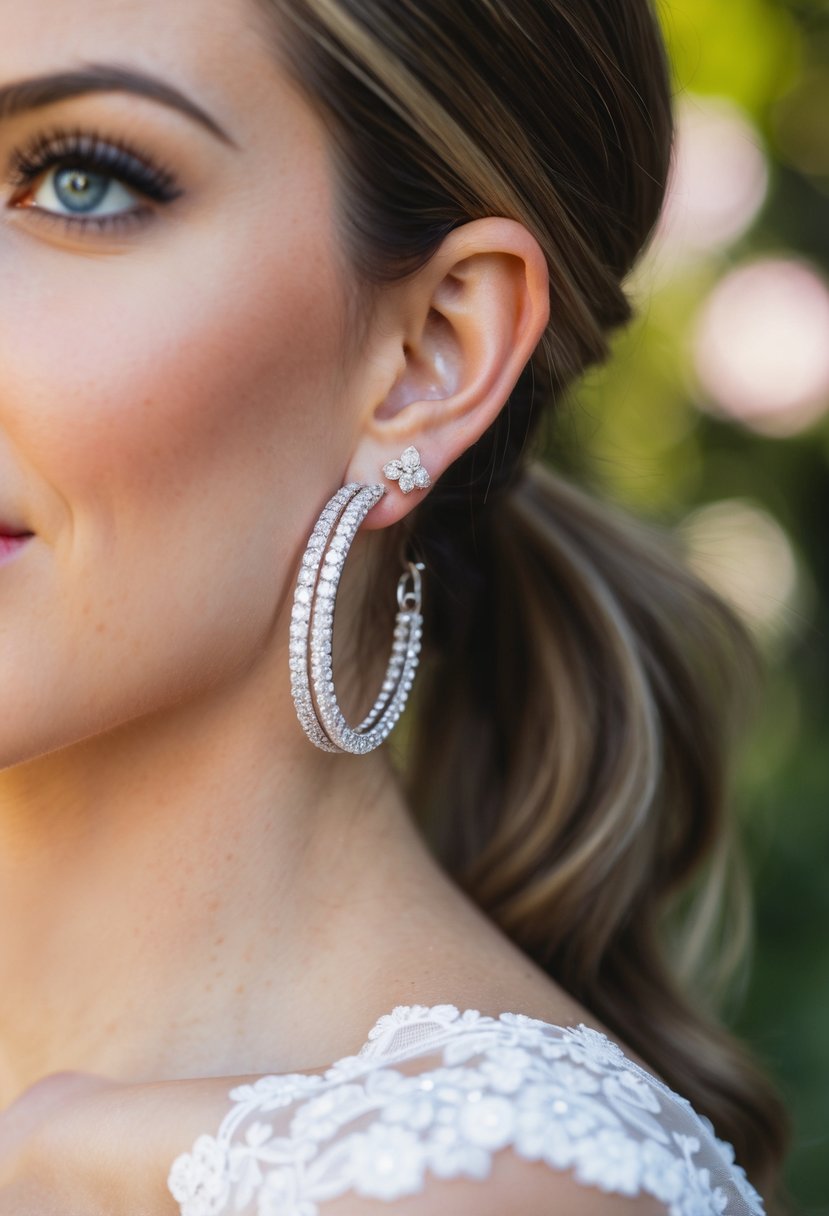 A delicate pair of diamond hoop earrings nestled in a ponytail, evoking a sense of elegance and romance for a wedding day