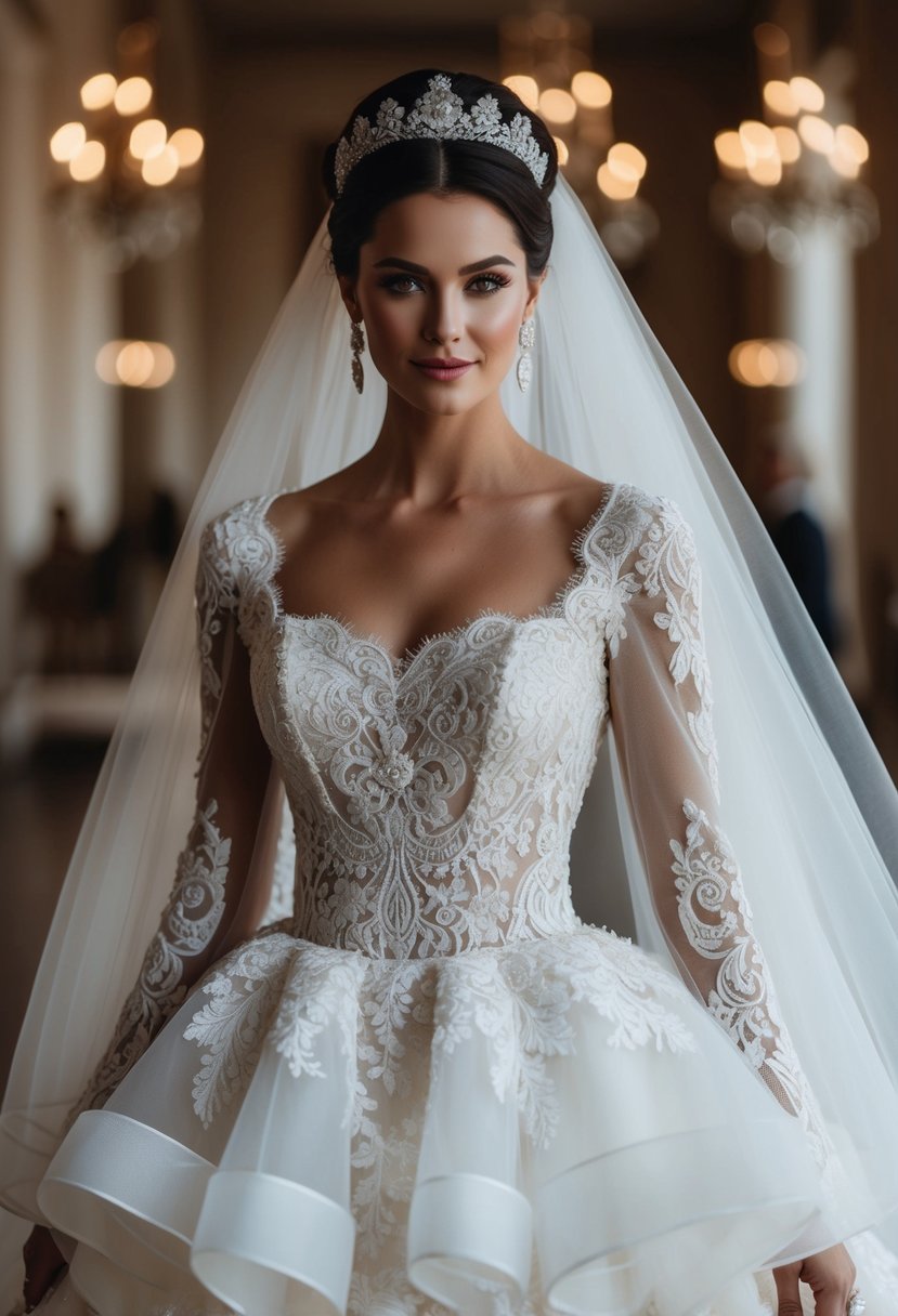 A regal wedding dress with a square neckline, adorned with intricate lace and flowing layers of tulle, exuding elegance and sophistication