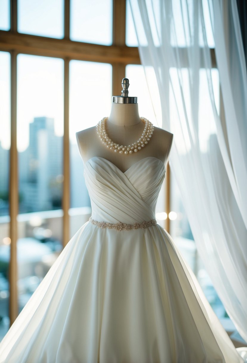 A white wedding dress with a pearl-adorned neckline, flowing fabric, and elegant silhouette