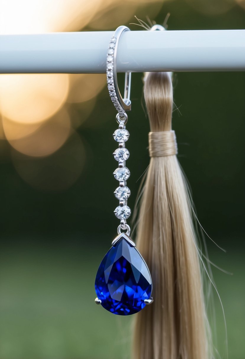 A sparkling sapphire teardrop earring dangling from a sleek ponytail