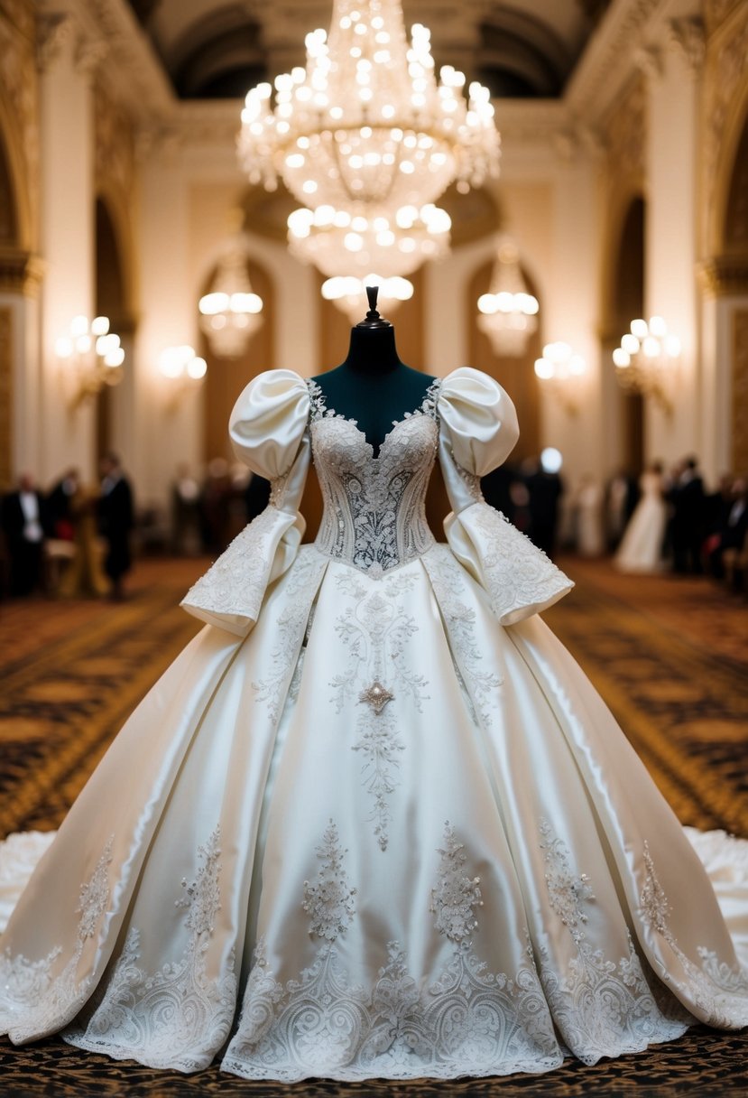 A grand ballroom with a majestic wedding dress featuring regal puff sleeves, adorned with intricate lace and sparkling embellishments