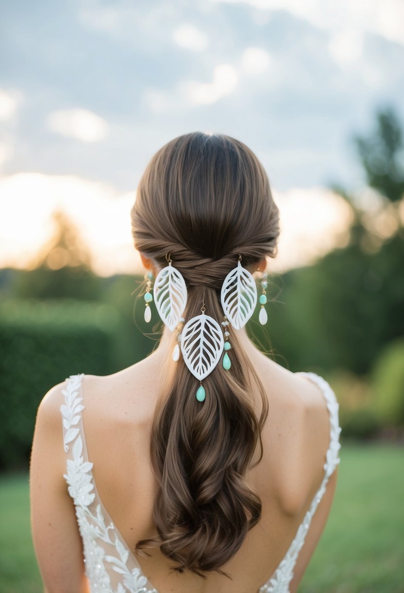 A ponytail adorned with whimsical leaf design danglers, perfect for a wedding