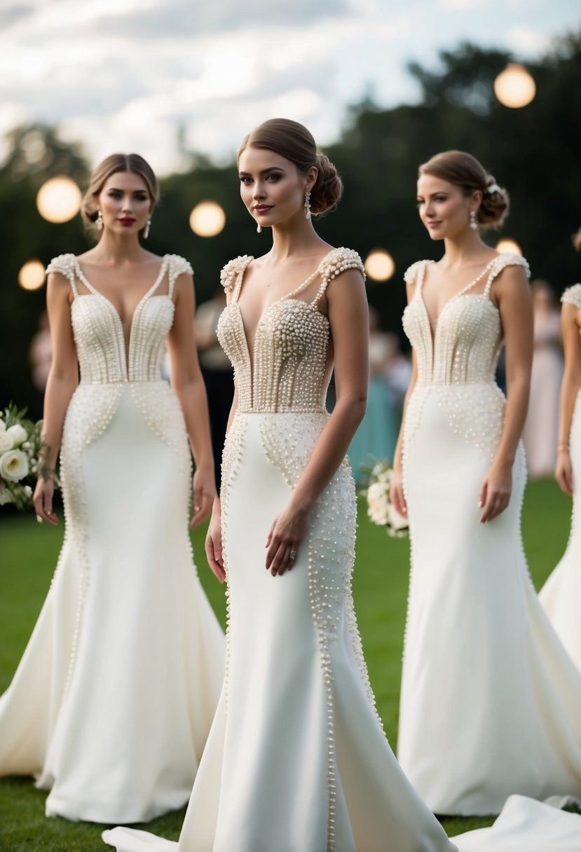 Elegant sheath gowns adorned with delicate pearl highlights, creating a stunning and unique wedding dress design