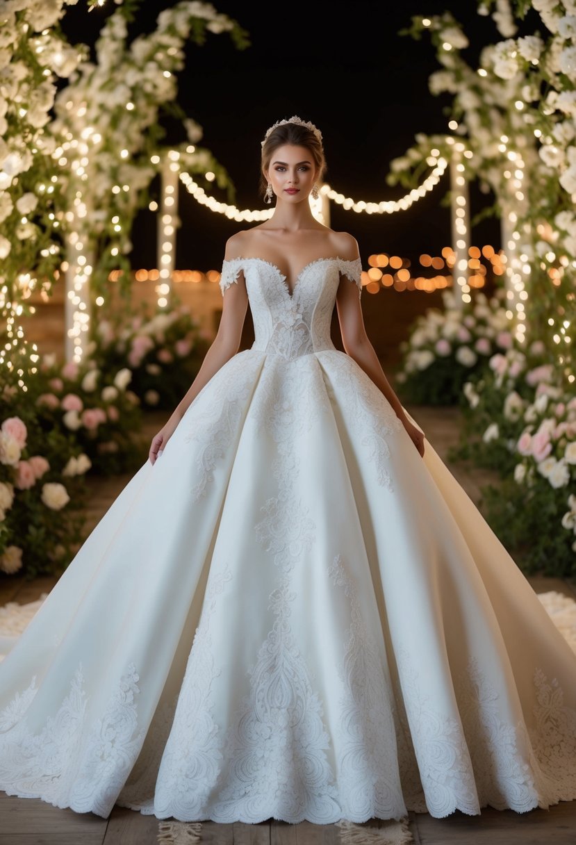 A grand off-the-shoulder wedding dress with intricate lace and a voluminous skirt, set against a romantic backdrop of twinkling lights and blooming flowers