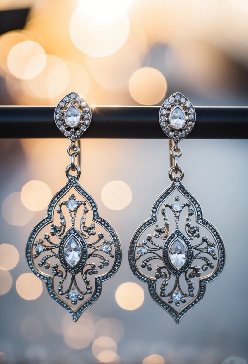 A pair of ornate filigree ponytail wedding earrings with sparkling gems