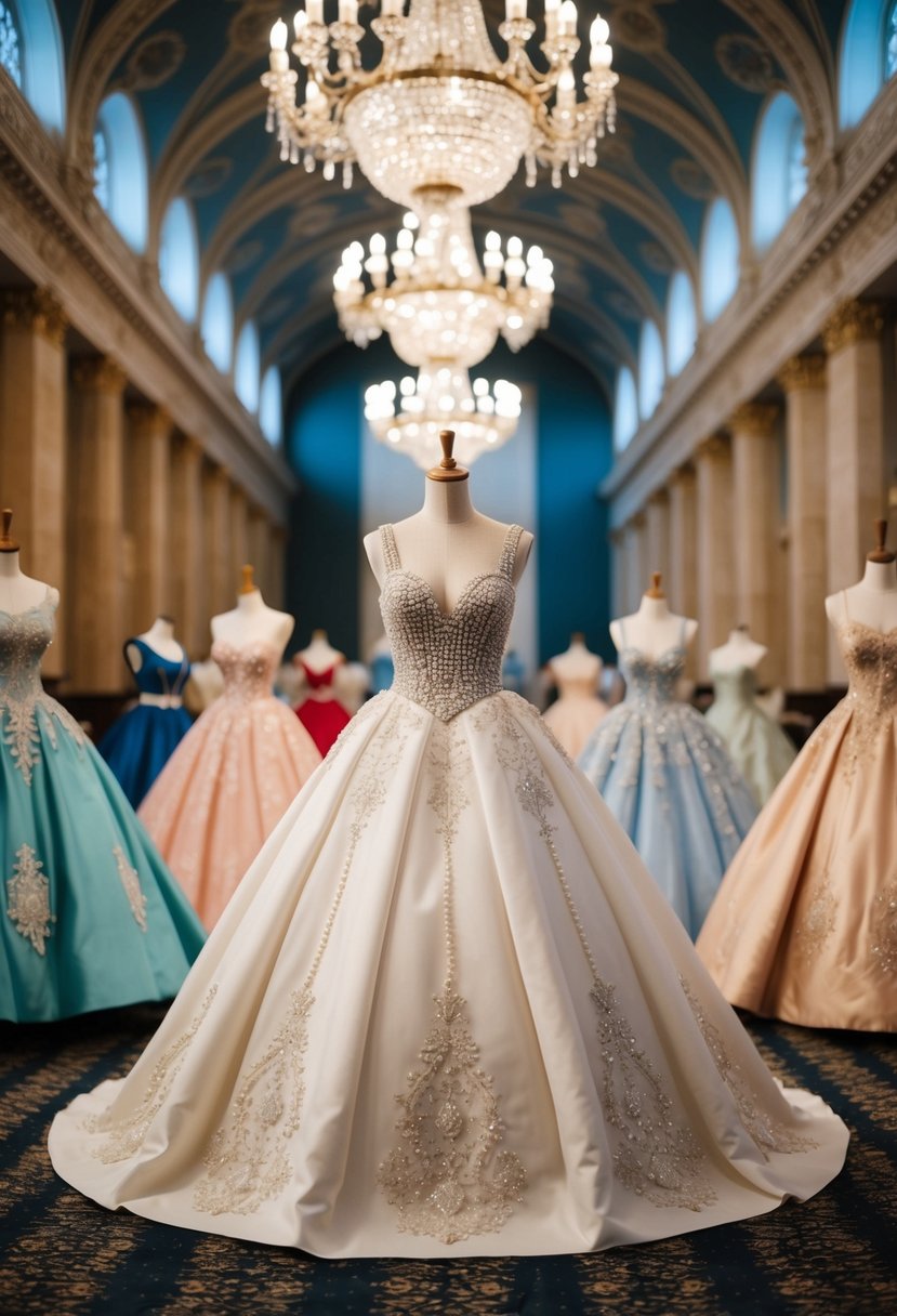 A grand ballroom with elegant ball gowns adorned with intricate pearl embroidery displayed on mannequins