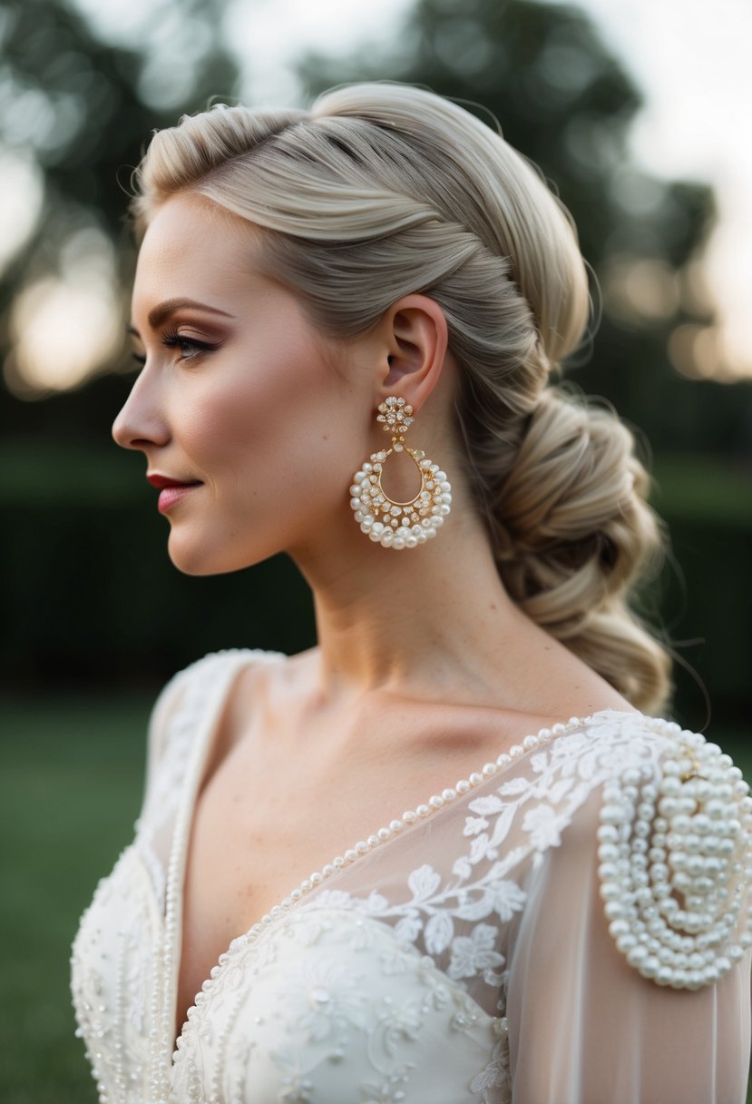 A bride's elegant ponytail adorned with timeless pearl and gold earrings