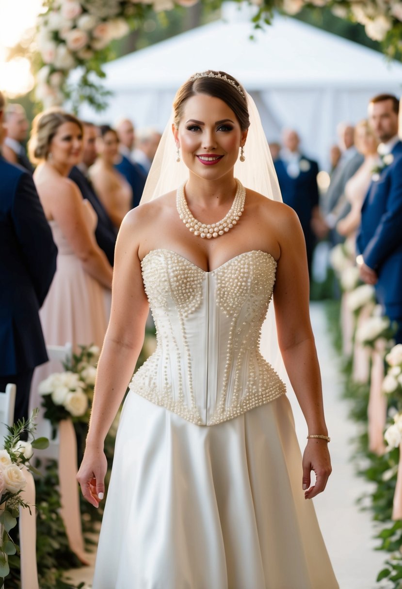 A bride in a pearl-embellished corset wedding dress walks down a flower-lined aisle