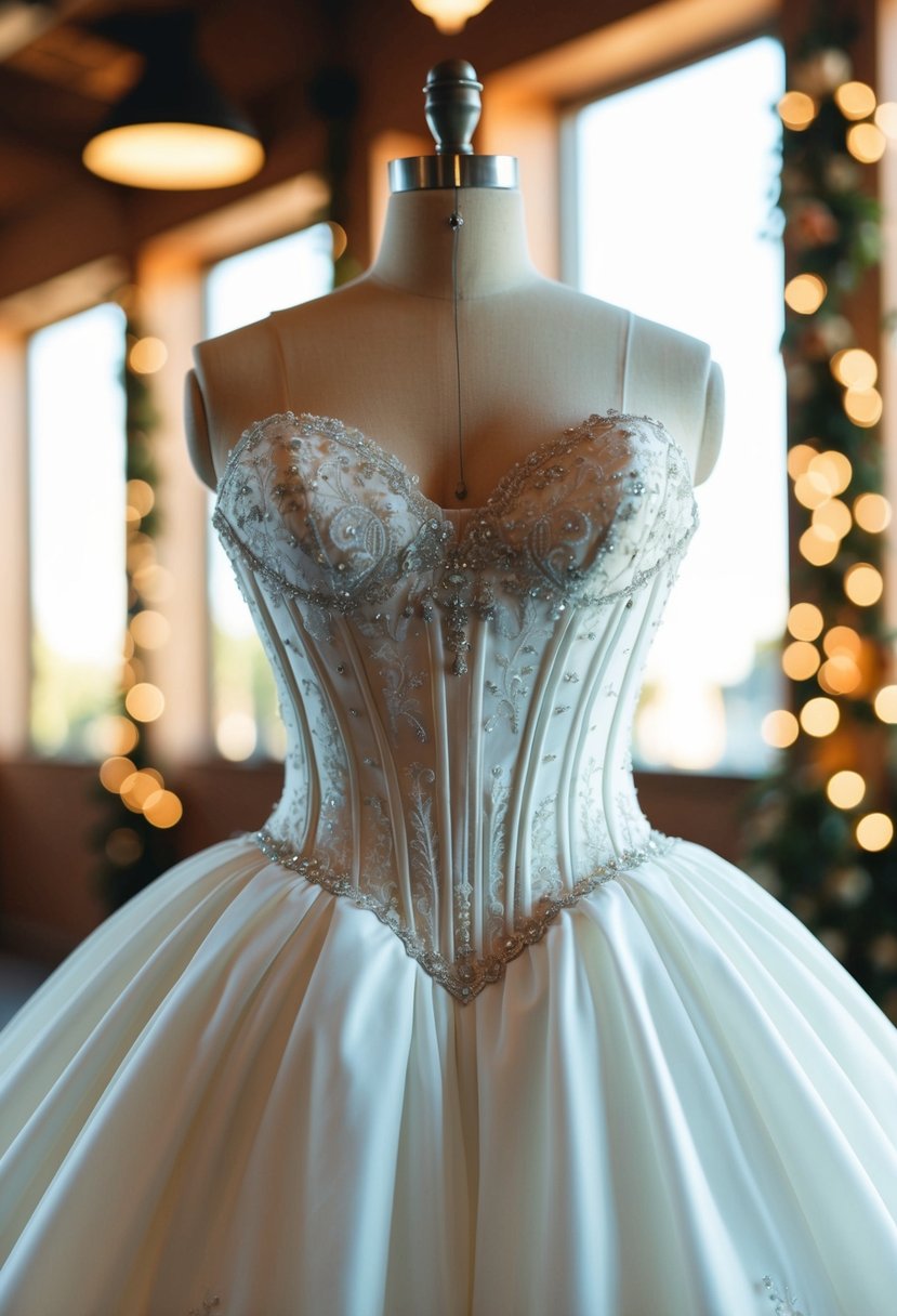 A boned bodice supports a voluminous wedding dress