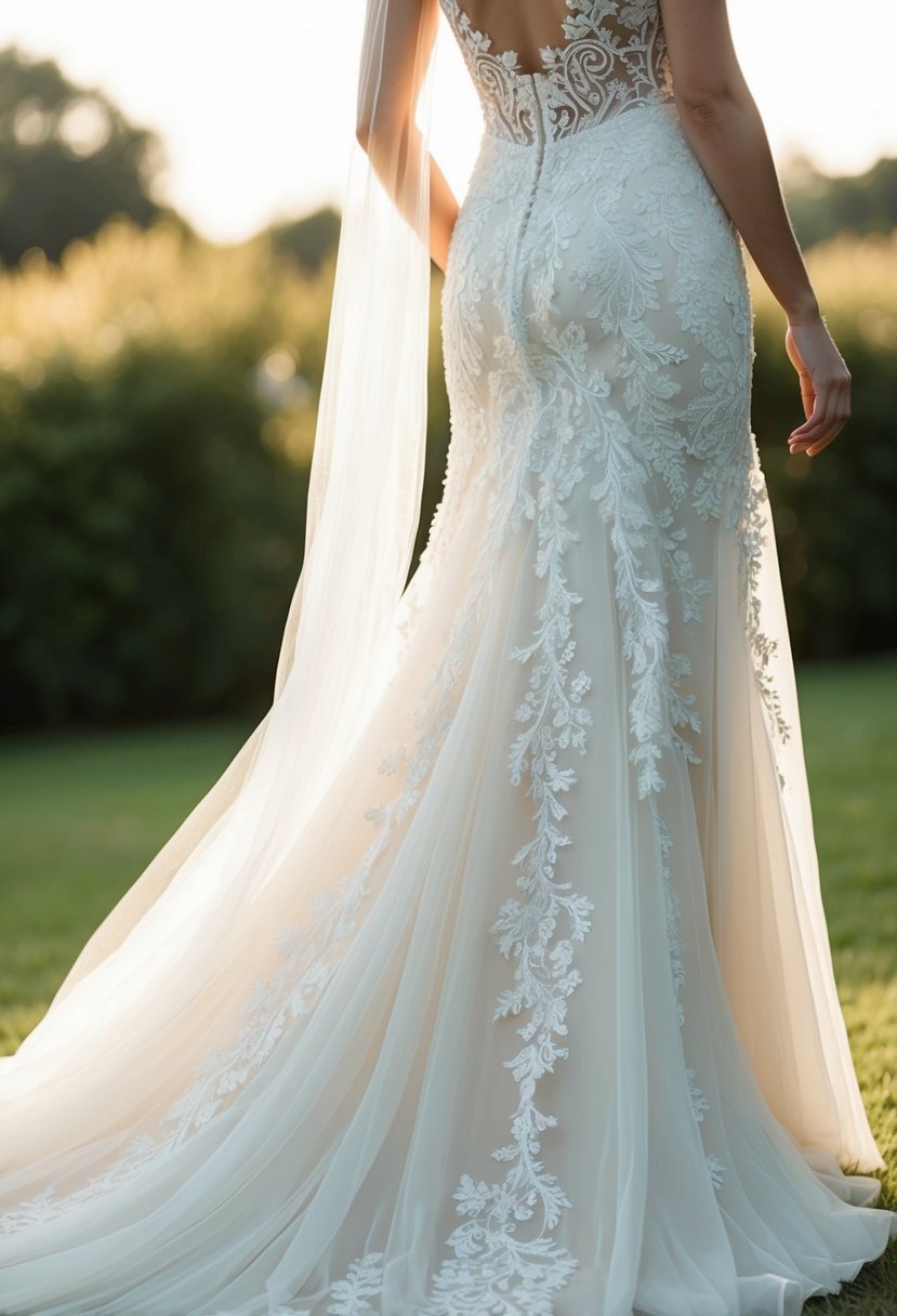 A flowing wedding dress with intricate lace detailing cascading down the bodice and skirt