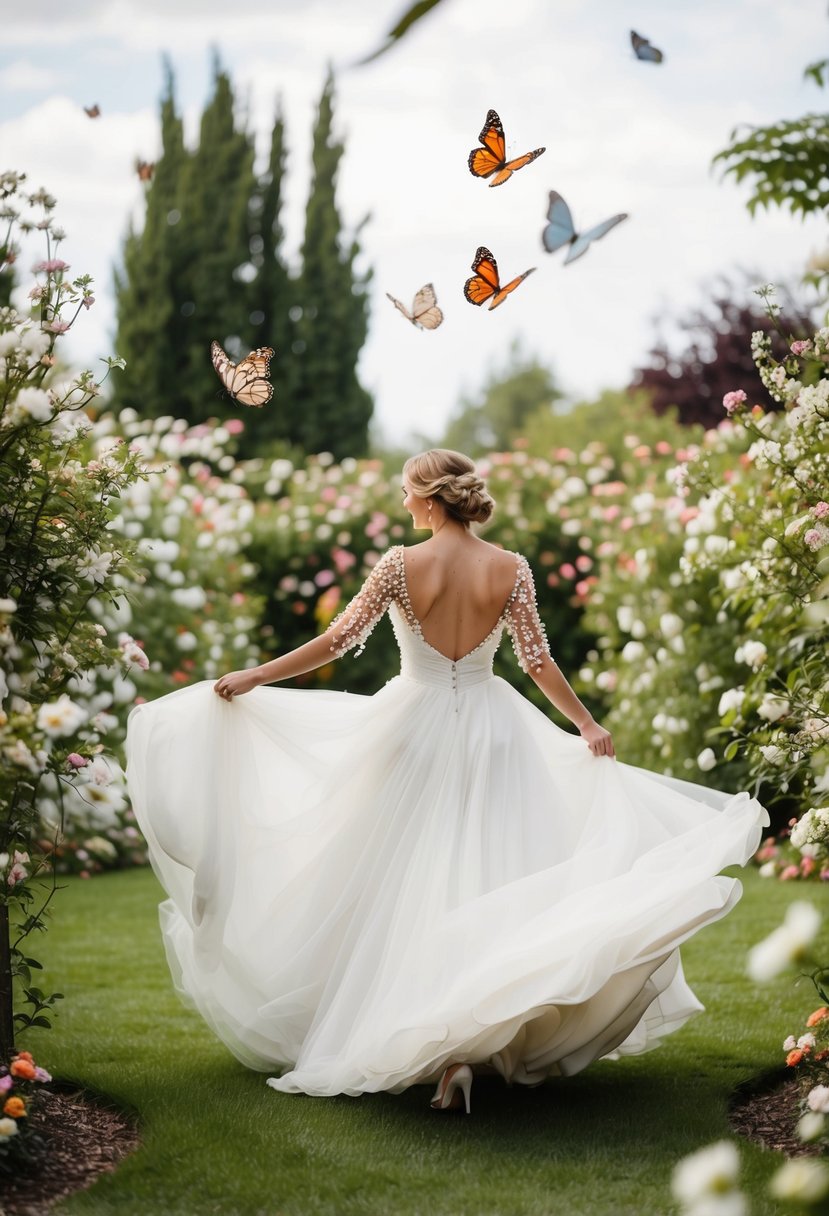 A bride twirls in a flowing white gown with whimsical, pearl-detailed sleeves, surrounded by a garden of blooming flowers and fluttering butterflies