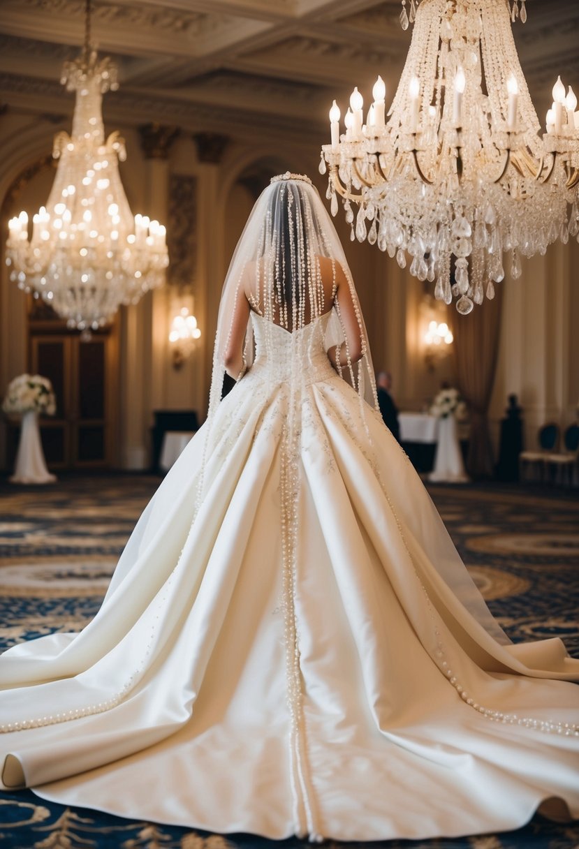 A grand ballroom with opulent chandeliers, flowing pearl-encrusted veils cascading from a regal ivory wedding gown