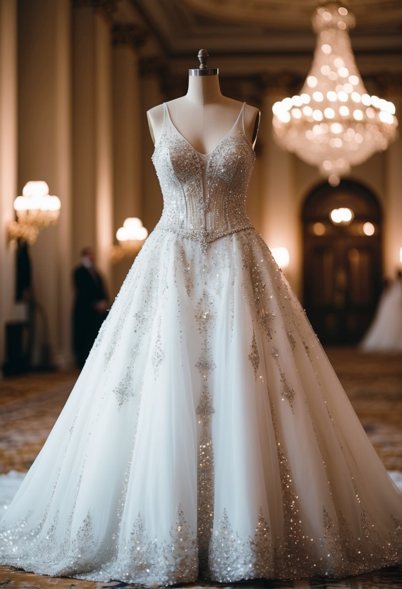 A voluminous wedding dress adorned with shimmering sequins and intricate details, standing elegantly in a grand ballroom