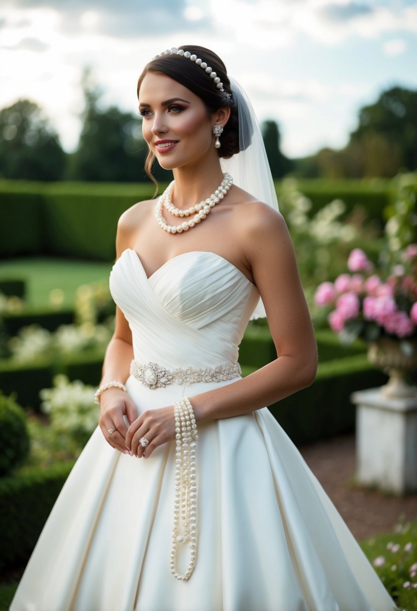 A bride in a pearl wedding dress, adorned with stylish pearl bridal accessories, standing in a romantic garden setting