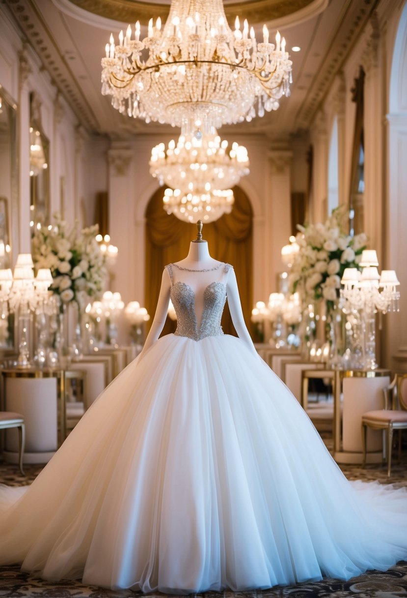 A grand ballroom, filled with elegant chandeliers and opulent decor. A mannequin adorned in a voluminous wedding gown with an illusion neckline stands in the center, surrounded by mirrors and glittering accessories