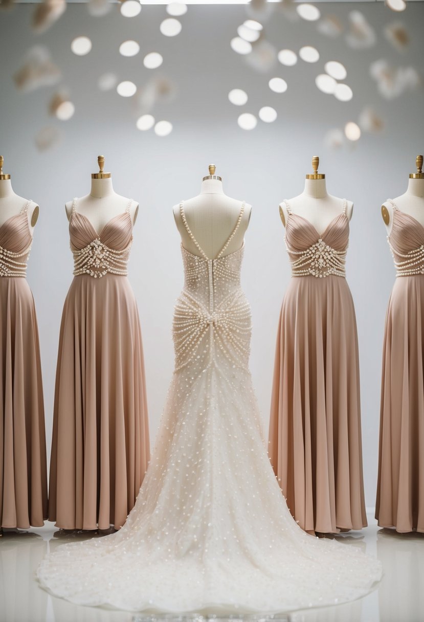 Elegant gowns with delicate pearl accents on a clean, modern backdrop