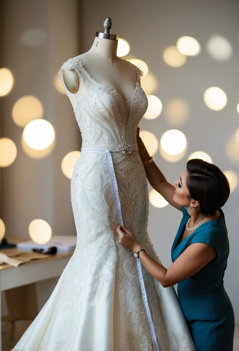 A seamstress carefully measures and sketches a grand wedding dress design with intricate details and custom fit precision