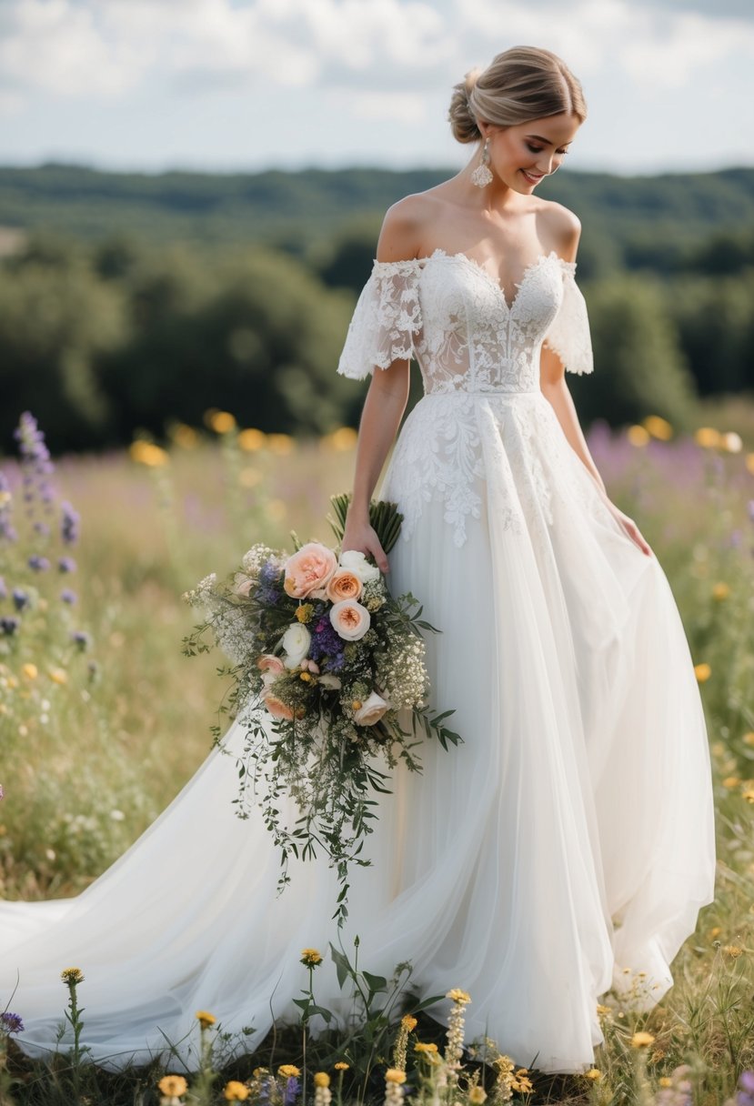 A flowing, off-the-shoulder wedding dress adorned with intricate lace and floral details, paired with a loose, cascading bouquet of wildflowers