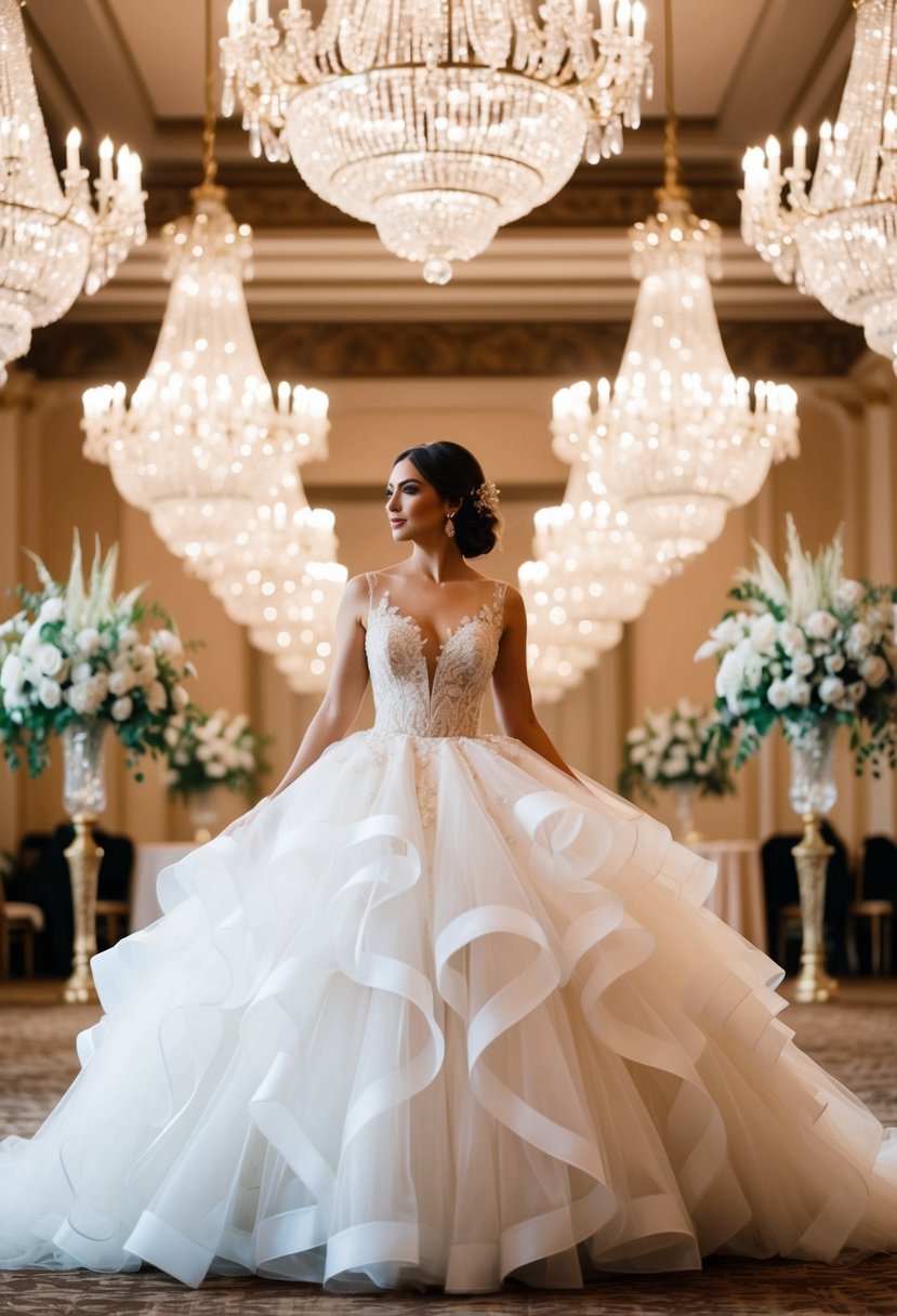 A grand ballroom with cascading layers of tulle in a wedding dress, surrounded by shimmering chandeliers and ornate floral arrangements