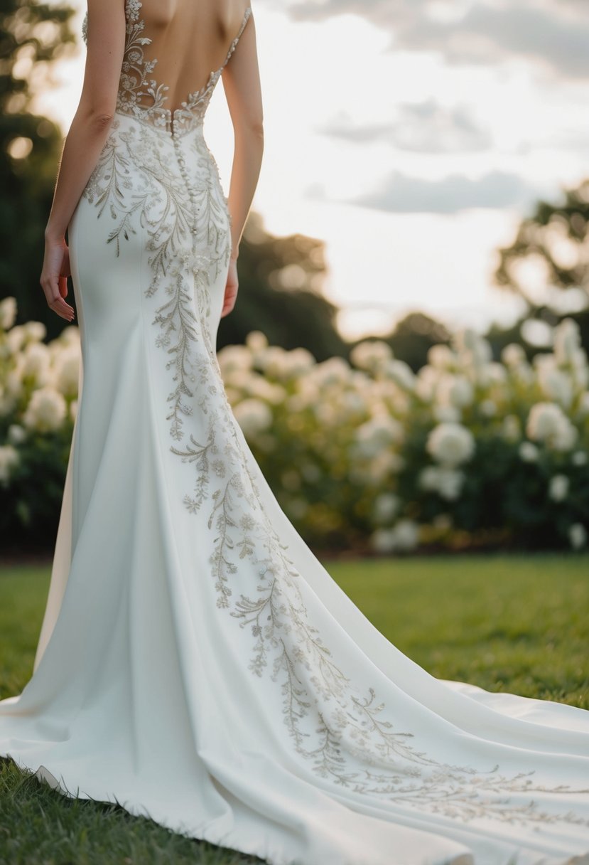 An elegant wedding dress adorned with intricate floral embroidery cascading down the flowing fabric