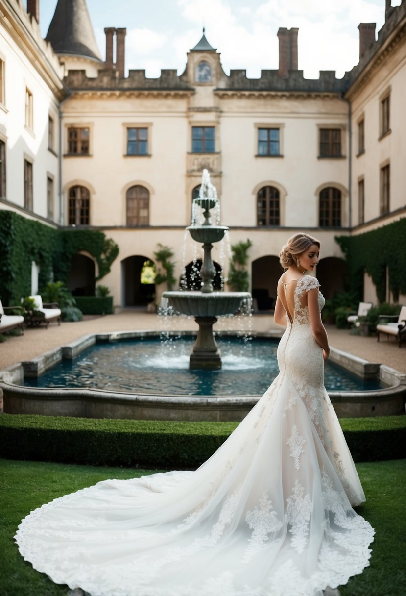 A grand, vintage castle courtyard with lush gardens and a flowing fountain. A regal wedding dress with intricate lace and a dramatic train