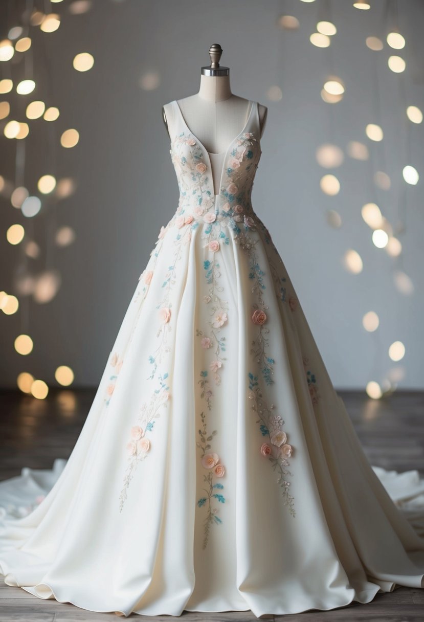 An ivory gown adorned with delicate pastel floral appliques, cascading down the skirt and trailing up the bodice