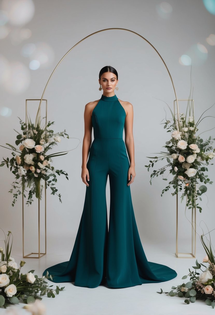 A sleek jumpsuit with flowing train, surrounded by minimalist decor and modern floral arrangements