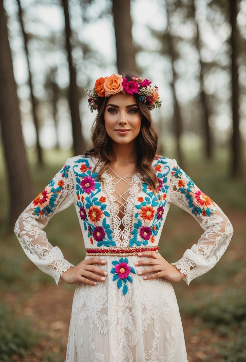 A bohemian lace wedding dress with vibrant embroidered flowers and intricate patterns