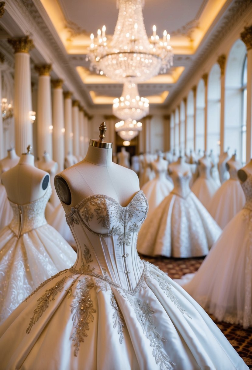 A grand ballroom filled with opulent wedding gowns on mannequins, each adorned with intricate lace, beading, and supportive corsetry